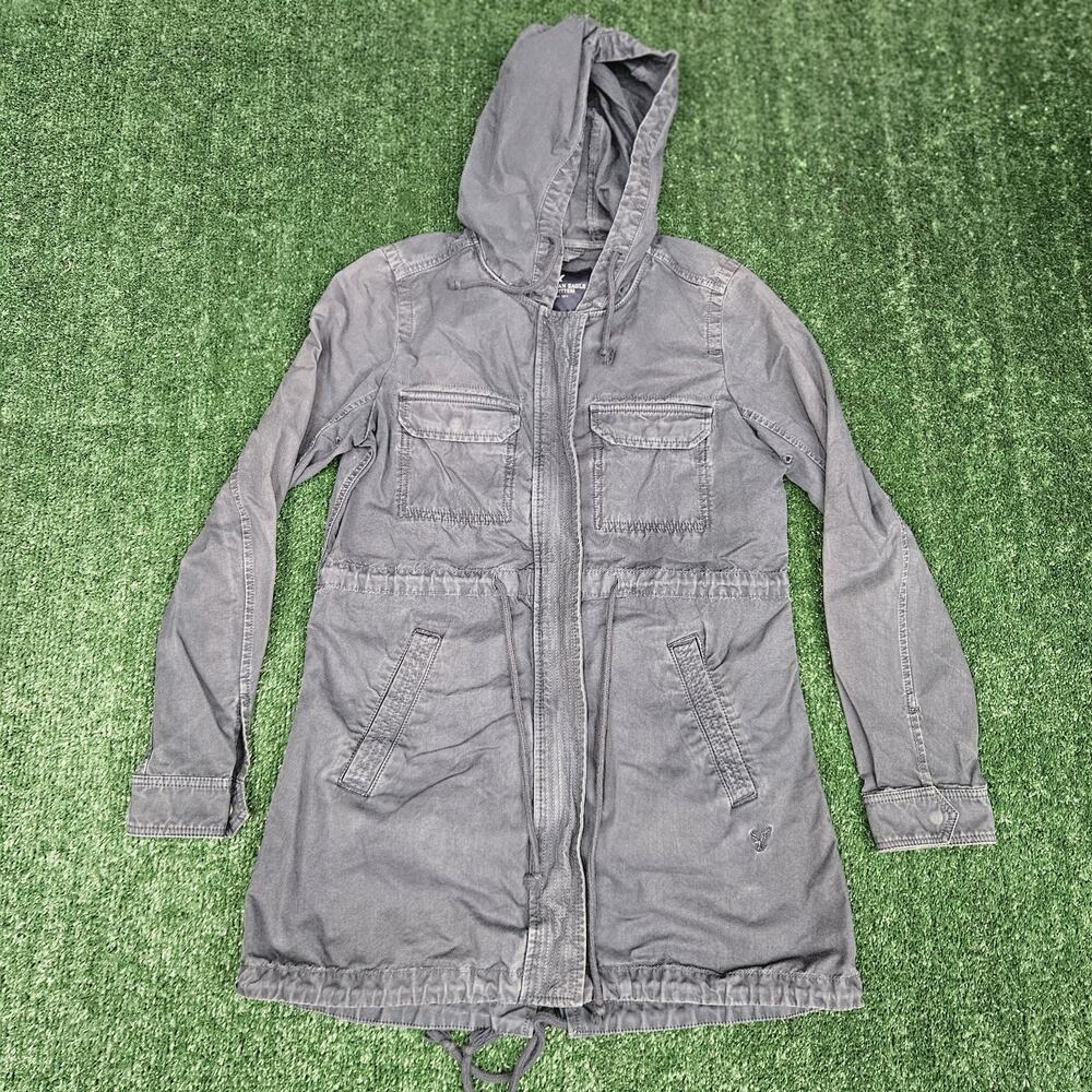 American Eagle Full Zip Cinch Waist Hooded Utility Jacket Size Small Blue/gray